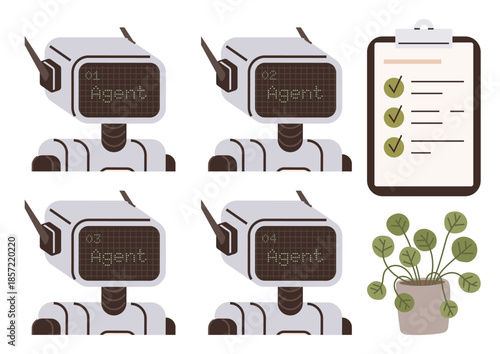 Four robots with labeled screens, checklist on clipboard, potted plant. Ideal for teamwork, AI collaboration, automation, process management, task delegation, productivity simple flat metaphor