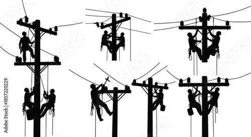Silhouettes of Utility Line Workers on Poles, High-Voltage Maintenance Team Climbing, Repairing Power Lines, Safety Harnesses and Gear, Vector Illustration