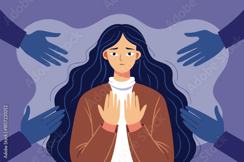 Vulnerable woman surrounded by reaching hands seeks support and safety, conveying emotional distress, abuse awareness, and the importance of protection