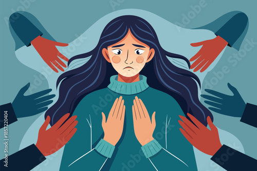 Feeling overwhelmed? Illustrative depiction of a woman experiencing anxiety and stress surrounded by reaching hands in need of support and mental health help