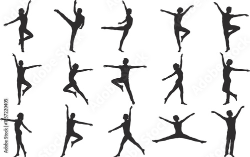 Sixteen black dancer silhouettes in expressive ballet and contemporary poses, showcasing dynamic choreography, artistic movement, fitness, and performance inspiration