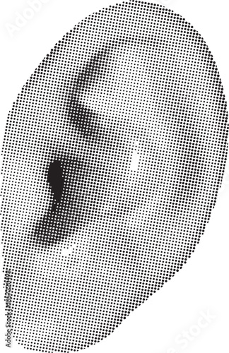 Retro halftone collage ear for mixed media design. Human ear in halftone texture, dotted pop art style. Vector illustration of vintage grunge punk crazy art template