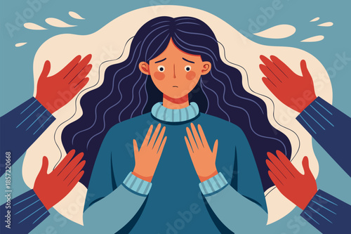 Worried young woman surrounded by hands symbolizing anxiety, stress, and mental health struggles needing support and therapy in modern times