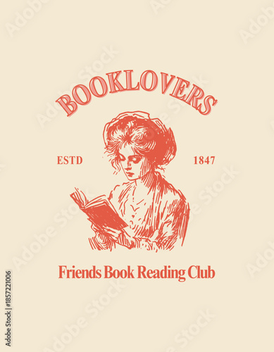 Booklovers friends reading club vintage logo with a classic woman reading a book