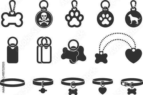 Collection of twelve pet tags and collars in diverse shapes and designs, showcasing identification accessories for dogs and cats