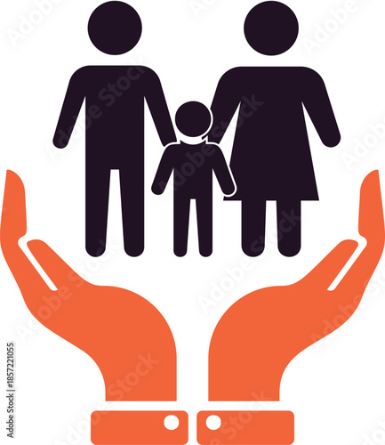 An icon illustrating family protection and insurance concept with a man, woman, and child cared for by cupped hands