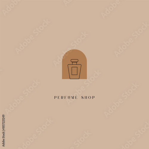 Minimalist perfume shop logo design featuring a stylized bottle within an arch