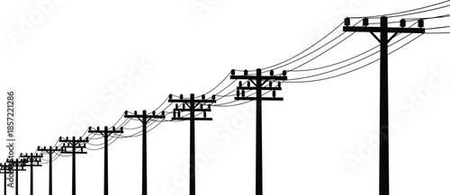 Utility poles receding into the distance, power line perspective, rural infrastructure silhouette, linear perspective composition, electrical transmission poles and wires