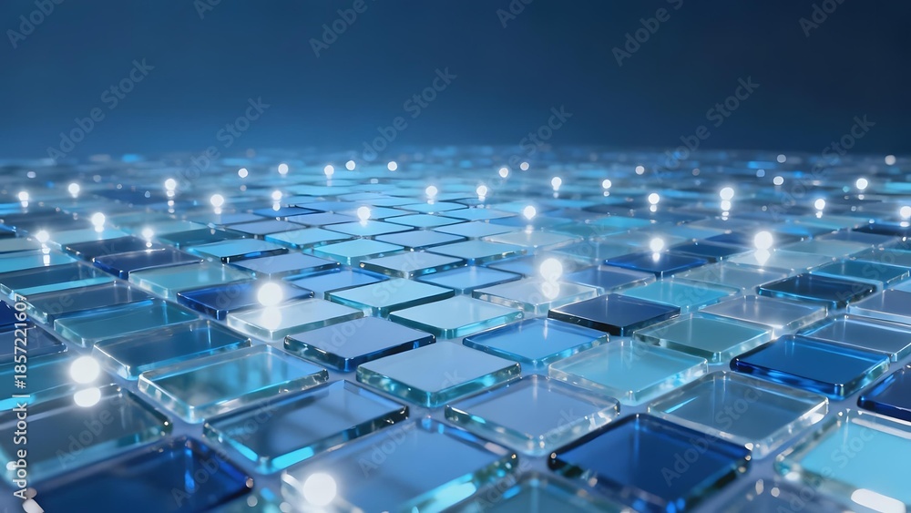 Obraz premium Grid of illuminated blue glass tiles reflecting light in a futuristic pattern
