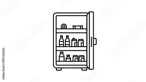 Open mini fridge stocked with drinks and snacks inside, Generative AI.