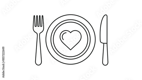 Simple heart shaped plate setting with fork and knife, Generative AI.