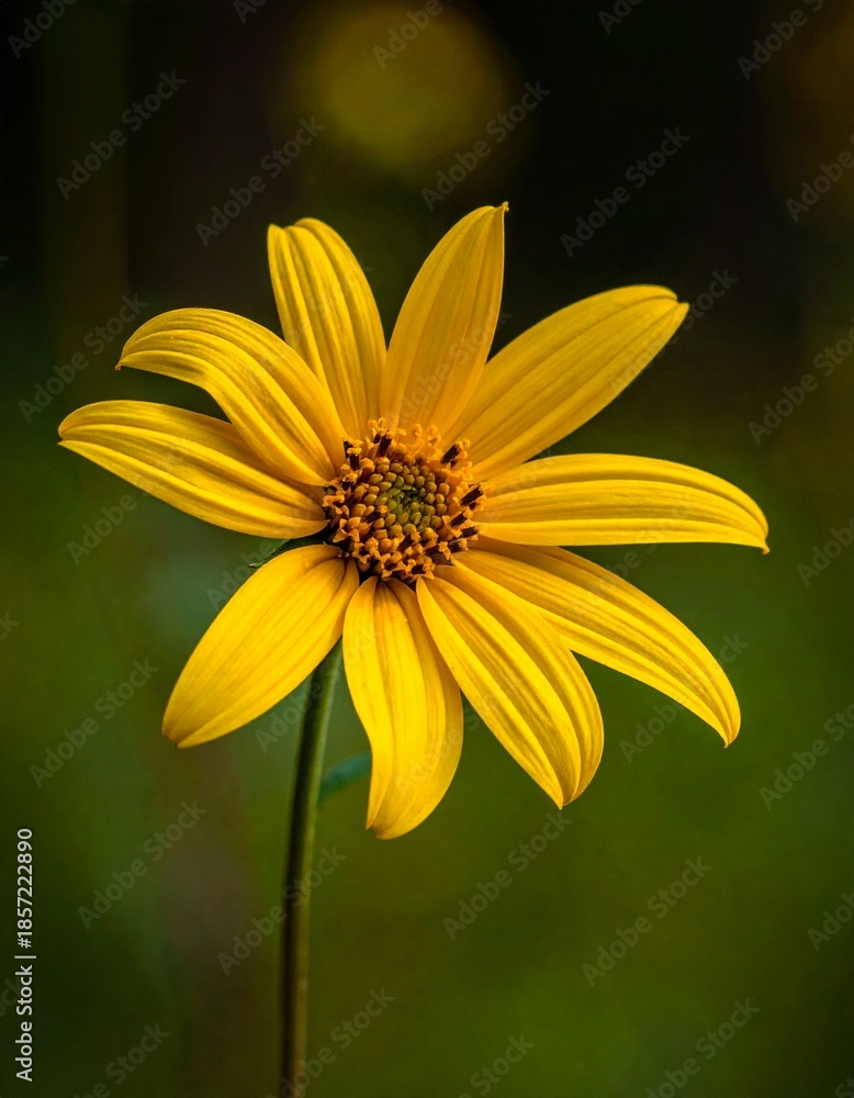 Obraz premium Vibrant Yellow Sunflower in Full Bloom Against a Dark Green Background.