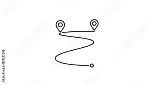 Stylized route map with two location pins connected by winding path, Generative AI.