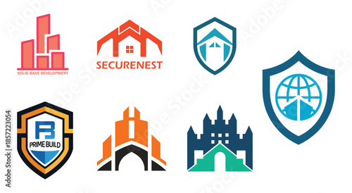 Modern Real Estate and Construction Shield Logo Collection, Property Security, Architecture, Building Vector Icons