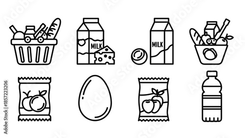 Grocery shopping icons with milk bread fruits and vegetables, Generative AI.