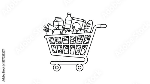 Shopping cart filled with fresh groceries and household items, Generative AI.