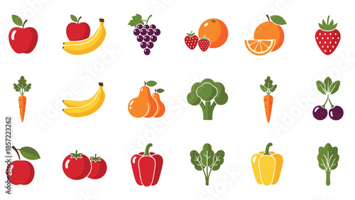 Colorful icons of various fruits and vegetables on white background, Generative AI.