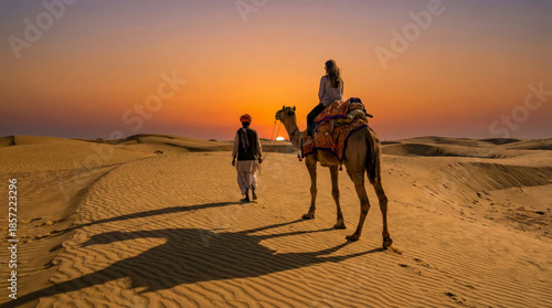 Woman riding camel through desert dunes at sunset with guide walking beside