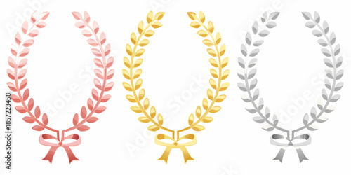 A collection of three laurel wreaths in gold silver and rose gold colors