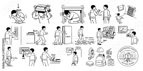 緊急時の避難行動イラストセット、Emergency Evacuation Illustration Set