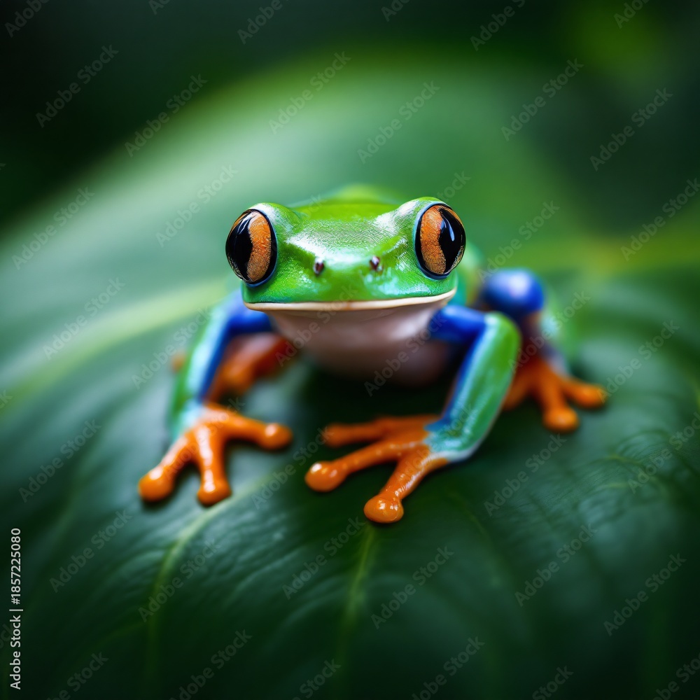 Obraz premium A vibrant red-eyed tree frog with bright green skin, striking red eyes, and colorful blue and orange limbs, perched on a large green leaf in a tropical environment.