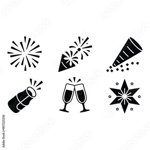 New Year celebration icons set with fireworks and champagne