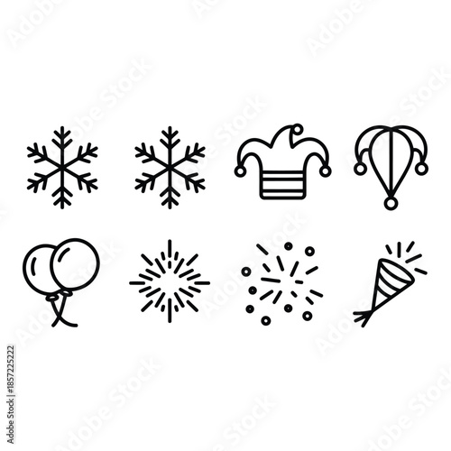 black line icons of snowflakes balloons party hat and confetti