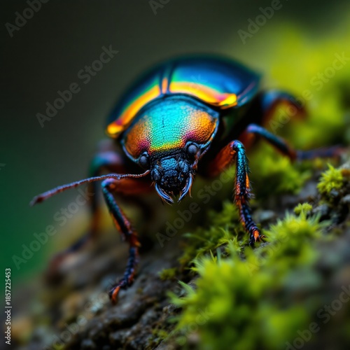 Wallpaper Mural A vibrant iridescent beetle with metallic blue, green, and orange colors resting on a moss-covered surface in a detailed close-up. Torontodigital.ca