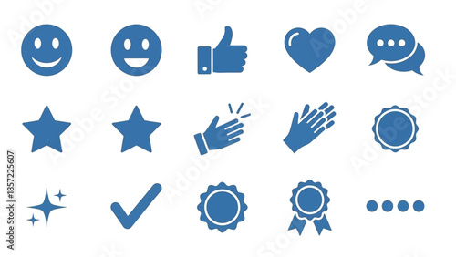 A collection of blue feedback and rating icons including smiles, thumbs up, hearts, stars, and badges on a white background.
