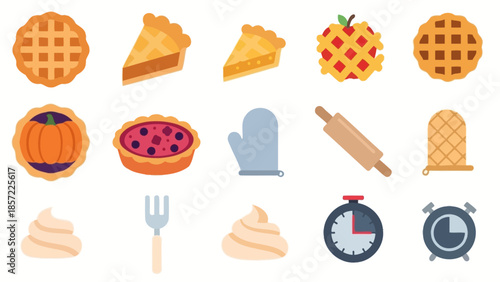 A collection of flat design icons depicting various pies, baking tools, and dessert ingredients on a white background.