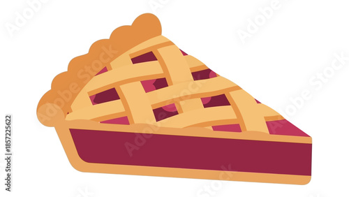 A vibrant illustration of a single slice of fruit pie with a golden lattice crust and a rich red berry filling, isolated on a white background.