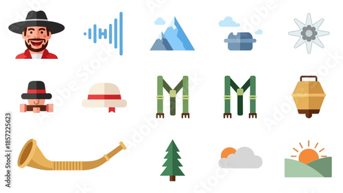 A collection of flat design icons representing Alpine culture, traditional elements, nature, and weather, including people, hats, mountains, alphorn, cowbell, and edelweiss.