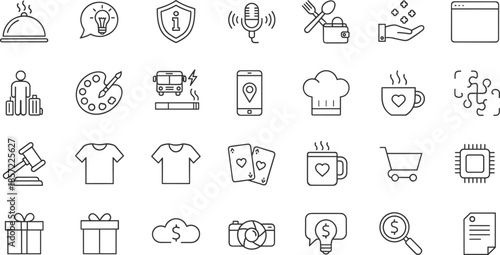 Comprehensive line icon set for lifestyle and business featuring travel photography food service law finance technology and creativity symbols for web design and mobile applications vector