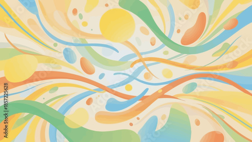 Abstract illustration with swirling colorful lines and organic shapes creating a dynamic and cheerful background.