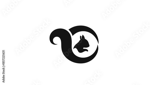 Abstract black squirrel logo design with a dynamic, swirling tail against a clean white backdrop, representing agility and nature.