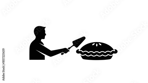 Silhouette of a person serving a pie with a pie server, depicting a dessert or baking theme.