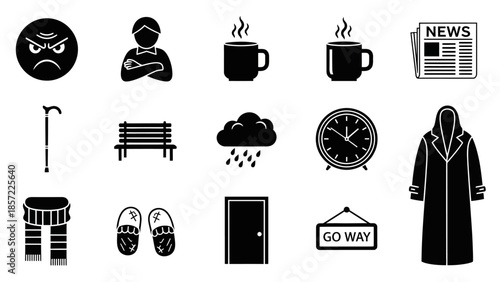 Black silhouette icons: angry face, person, coffee mugs, newspaper, walking stick, bench, rain cloud, alarm clock, coat, pants, slippers, door, and 'go way' sign.