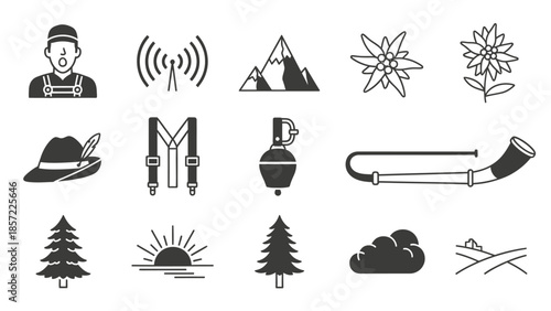 Collection of black and white icons representing Bavarian culture, Alpine nature, traditional elements, and outdoor activities.