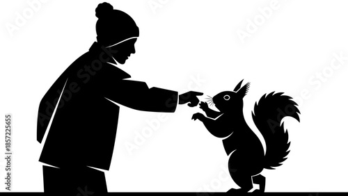 Silhouette of a person in a hat and jacket feeding a small squirrel by hand, depicting human-animal interaction in nature.