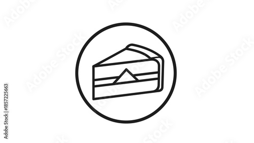 Simple line art icon depicting a triangular slice of cake or pie with distinct layers, neatly enclosed within a perfect circular outline.