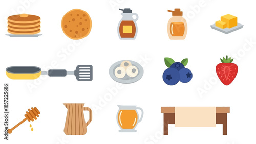 A collection of flat vector icons depicting various breakfast items and tools, including pancakes, syrup, honey, butter, fruit, and cooking utensils.