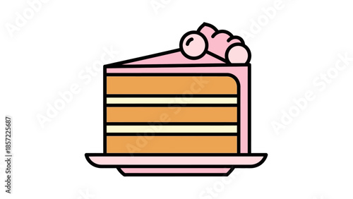A cartoon illustration of a delicious slice of layered cake with pink frosting and a cherry on top, served on a pink plate.