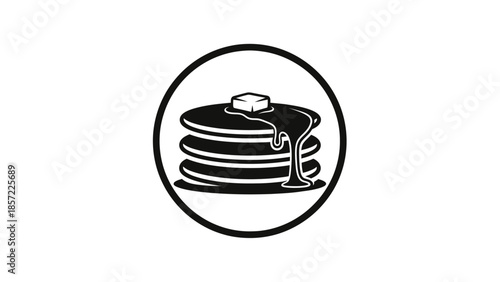 Black and white icon of a stack of pancakes with melting butter and flowing syrup, presented within a circular frame.