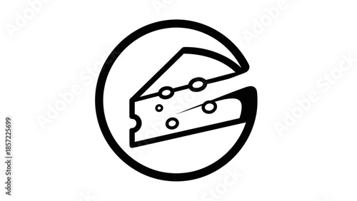 Black and white line art illustration of a wedge of cheese with holes, stylized within an incomplete circular border.