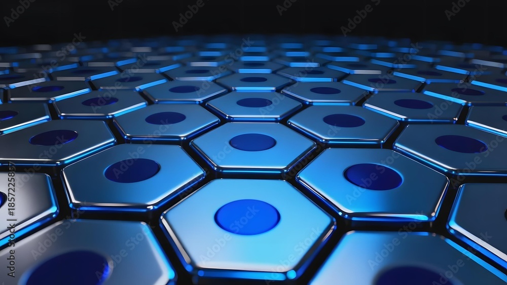Fototapeta premium Blue hexagonal grid pattern with reflective metallic surface and glowing centers