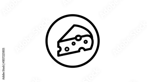 Simple black and white line art icon of a wedge of cheese with holes inside a circular frame.