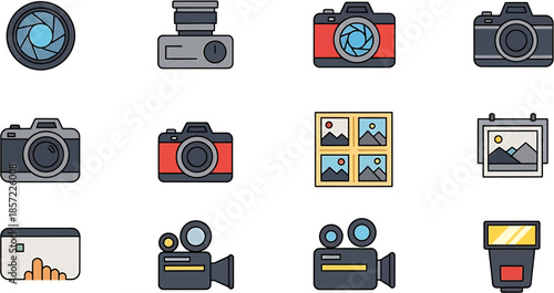 Collection of camera and video equipment icons for photography and filmmaking