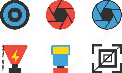 Camera lens and flash icons representing photography and creative technology
