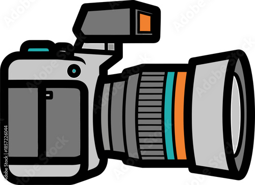 Sleek professional digital camera with attached flash illustration, perfect for photography enthusiasts and visual content creation technology