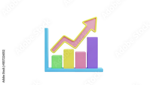 3D business growth bar chart with upward arrow on transparent background